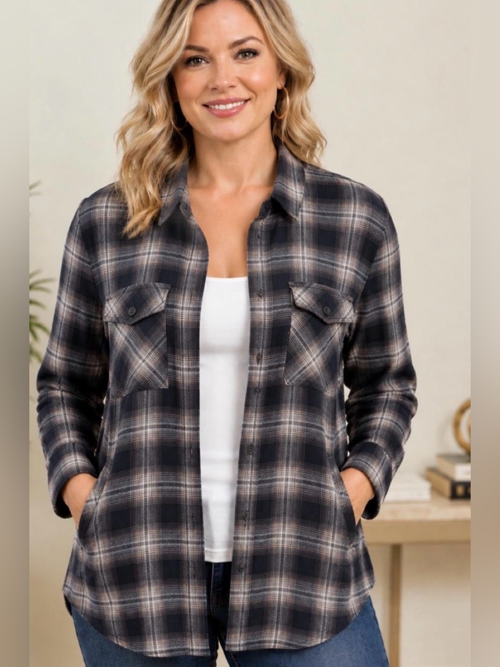 wild fable Plaid Utility Shirt Light Jacket - Black & Cream